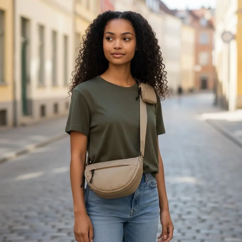 Anthropologie Nylon Crescent Crossbody Bag Beige Half Moon Sling with Mini Pouch - Picture 1 of 9
